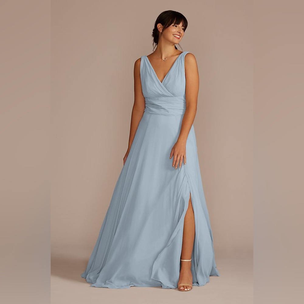 David's Bridal Dusty Blue Long Chiffon Surplice Tank Bridesmaid Dress